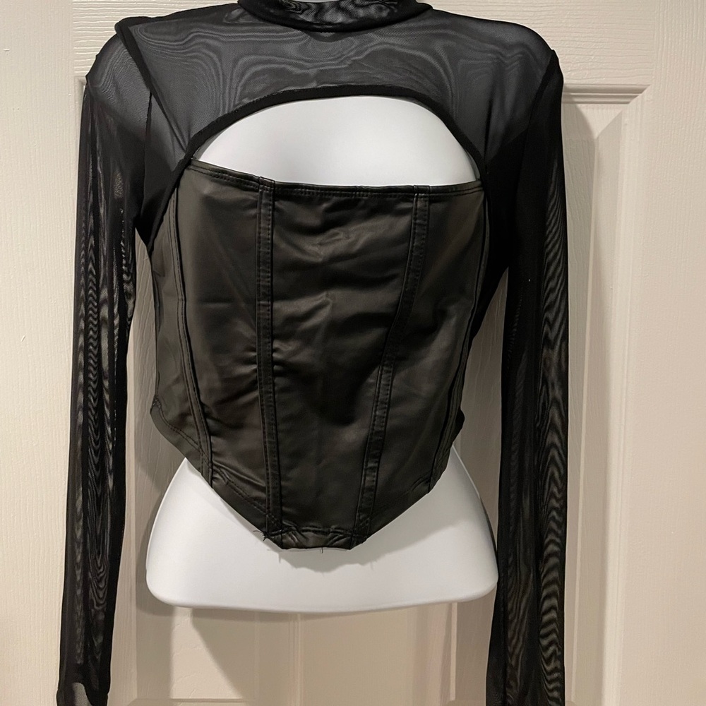 black mesh and faux leather corset crop top.